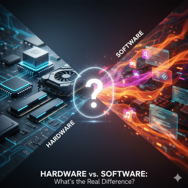 Split image visually comparing computer hardware (physical components like CPU, GPU, RAM on circuits) on the left side with software (abstract code, glowing app icons, data streams) on the right side. A central question mark asks 'Hardware vs. Software: What's the Real Difference?' illustrating their distinct roles.