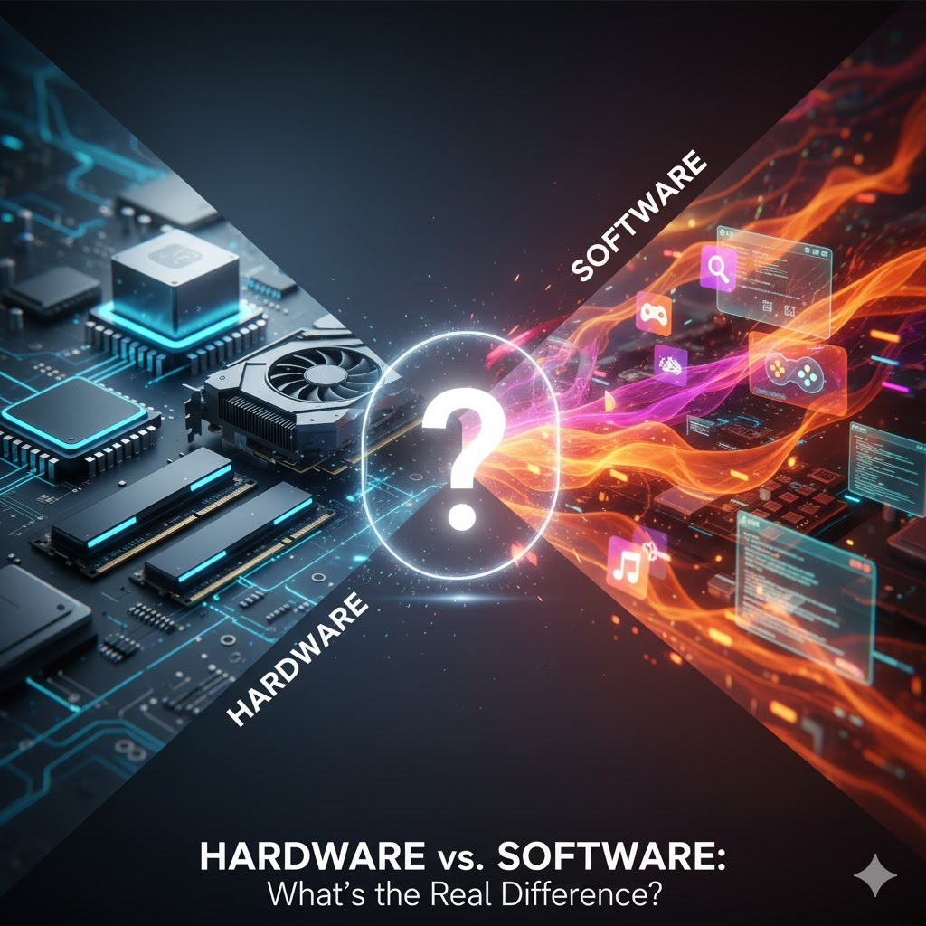 Split image visually comparing computer hardware (physical components like CPU, GPU, RAM on circuits) on the left side with software (abstract code, glowing app icons, data streams) on the right side. A central question mark asks 'Hardware vs. Software: What's the Real Difference?' illustrating their distinct roles.