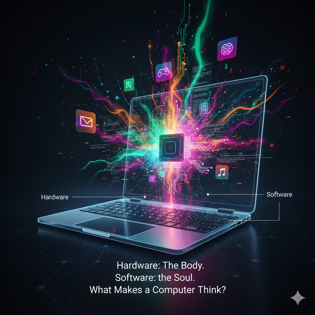 Conceptual image showing a transparent laptop with glowing internal hardware components (like CPU) as the base. Vibrant, flowing digital data, abstract code, and app icons (software) emanate from it, illustrating how software brings hardware to life. The text reads: 'Hardware: The Body. Software: The Soul. What Makes a Computer Think?