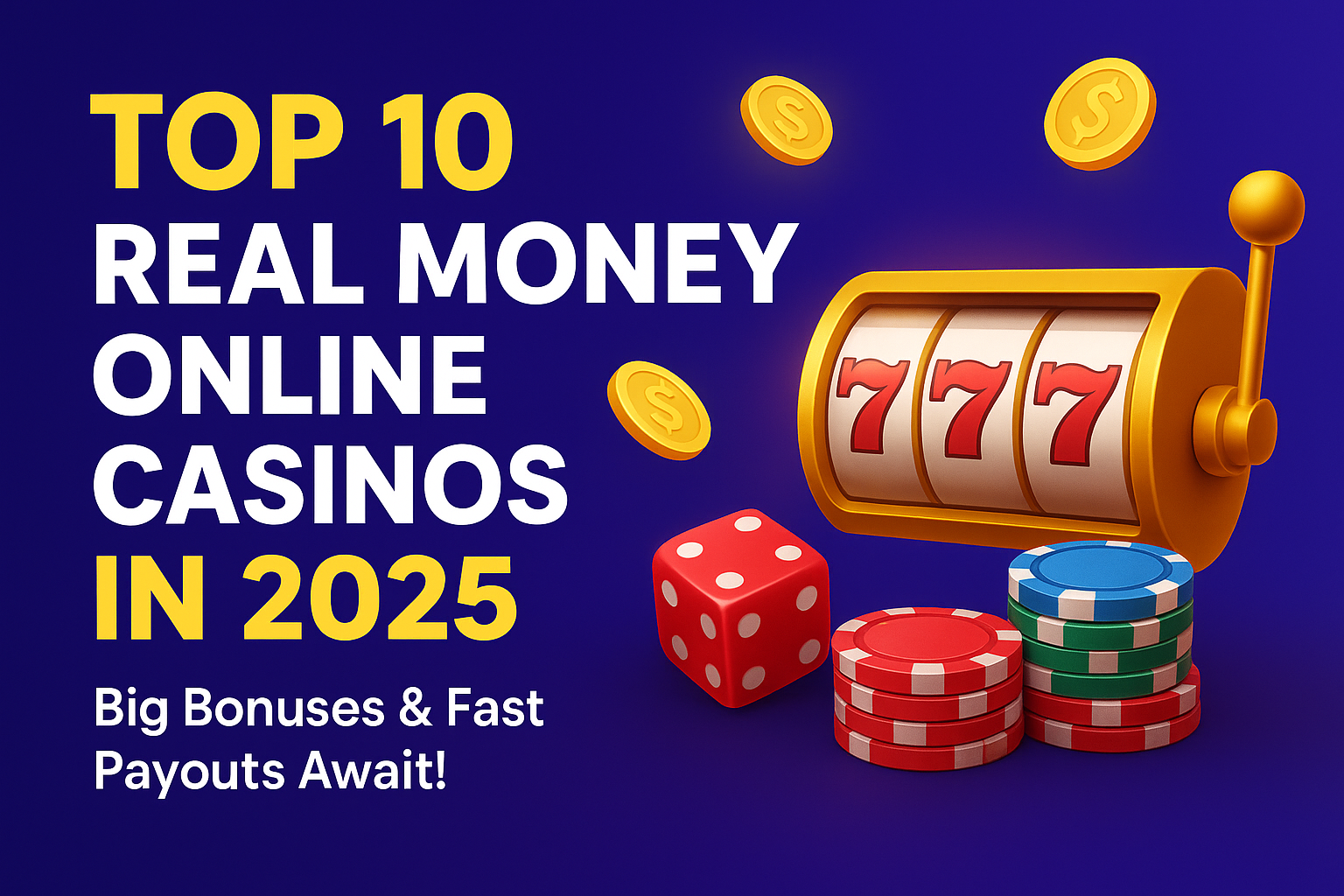 Top 10 Real Money Online Casinos in 2025 promotional graphic featuring a slot machine with 777, poker chips, dice, and golden coins on a blue background with bold text highlighting big bonuses and fast payouts.