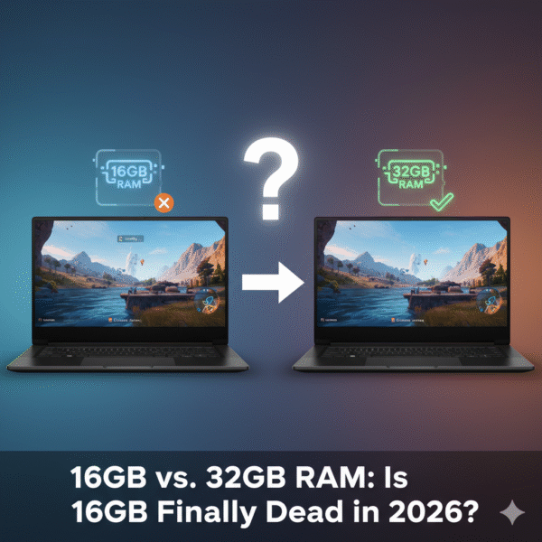 "Two gaming laptops compare 16GB RAM (struggling, loading screen) with 32GB RAM (smooth, vibrant gameplay) to answer if 16GB is dead for gaming in 2026. A question mark and arrow emphasize the upgrade decision."