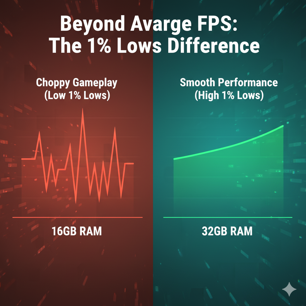 "Infographic comparing 16GB RAM with a red, jagged line representing choppy gameplay and low 1% Lows, versus 32GB RAM with a smooth, green line representing stable, high 1% Lows performance in gaming."