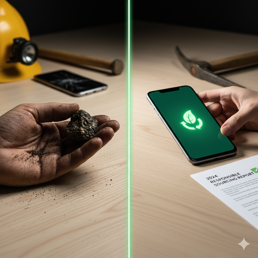 A split image representing the contrast between unethical mining and ethical smartphone choices. On the left, a dirty hand holds raw minerals, with a miner's hard hat and pickaxe in the background, dimly lit. A bright green vertical line divides the image. On the right, a clean hand holds a smartphone displaying a glowing green recycling leaf icon, with a '2024 Responsible Sourcing Report' document and a clean pickaxe in the background, brightly lit. This illustrates the pain point and solution for conflict minerals.