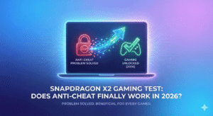 Featured image for a blog post with a dark blue gradient background. A stylized laptop displays a graphic of a broken red padlock labeled 'ANTI-CHEAT PROBLEM SOLVED' and an arrow pointing to a green checkmark over a game controller labeled 'GAMING UNLOCKED (2026)'. Below the laptop, large text reads: 'SNAPDRAGON X2 GAMING TEST: DOES ANTI-CHEAT FINALLY WORK IN 2026? PROBLEM SOLVED. BENEFICIAL FOR EVERY GAMER.