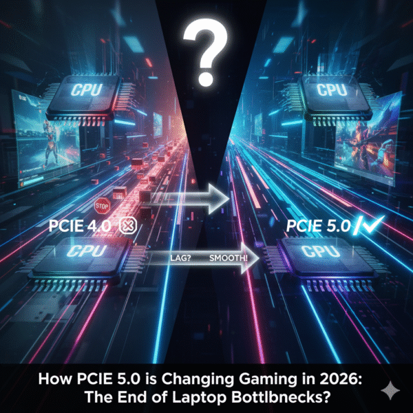 Infographic comparing PCIe 4.0 (congested data flow between CPU and GPU, showing lag) with PCIe 5.0 (wide, fast data highways for smooth gaming). Highlights the end of laptop bottlenecks with PCIe 5.0 in 2026.