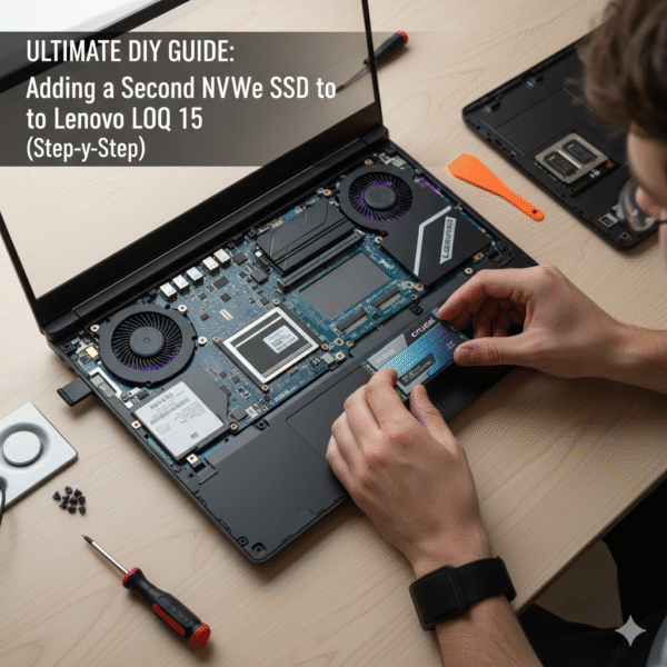 Ultimate guide image showing how to add a second NVMe SSD to the Lenovo LOQ 15. Step-by-step M.2 2280 installation into the empty storage slot.