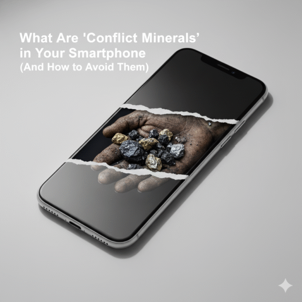 "A sleek, modern smartphone on a light grey surface. Its screen appears torn, revealing a dirty hand cupping raw, dark minerals and gold ore. The full title 'What Are 'Conflict Minerals' in Your Smartphone (And How to Avoid Them)' is overlaid in white text on the upper left."